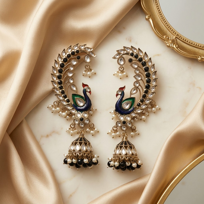 Statement Enamel Peacock Ear-Framing Jhumkas | Lady Zone