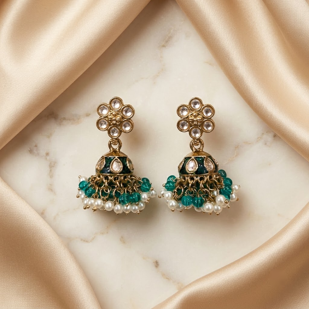 Floral Kundan & Enamel Jhumka Earrings | Lady Zone