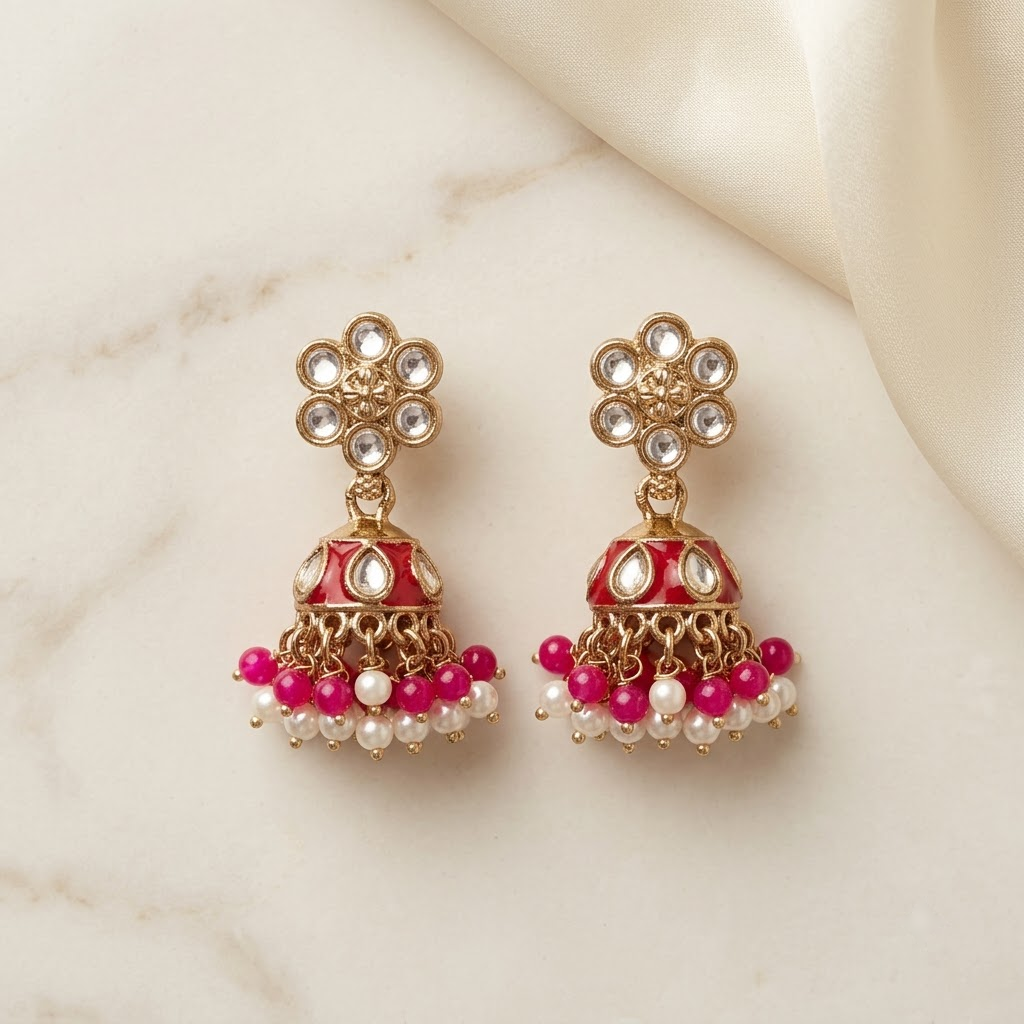 Floral Kundan & Enamel Jhumka Earrings | Lady Zone