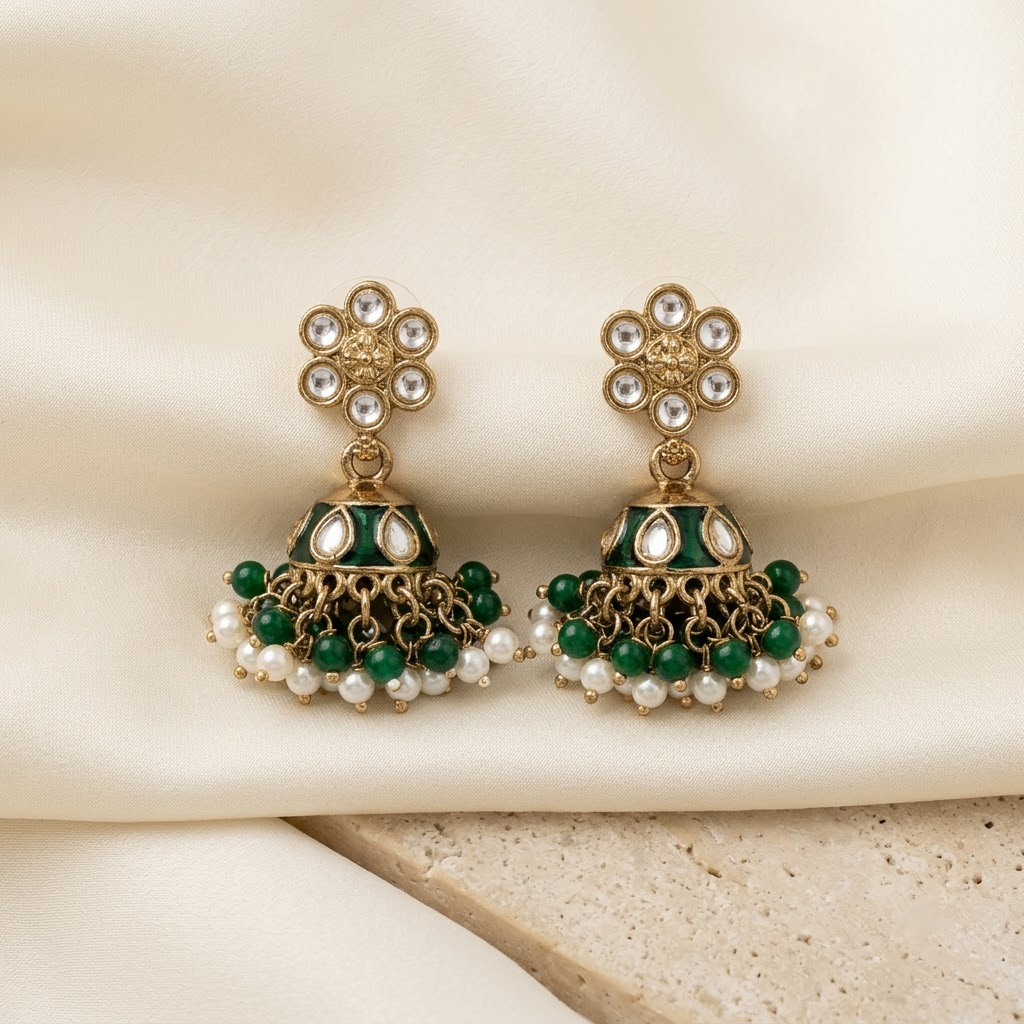Floral Kundan & Enamel Jhumka Earrings | Lady Zone