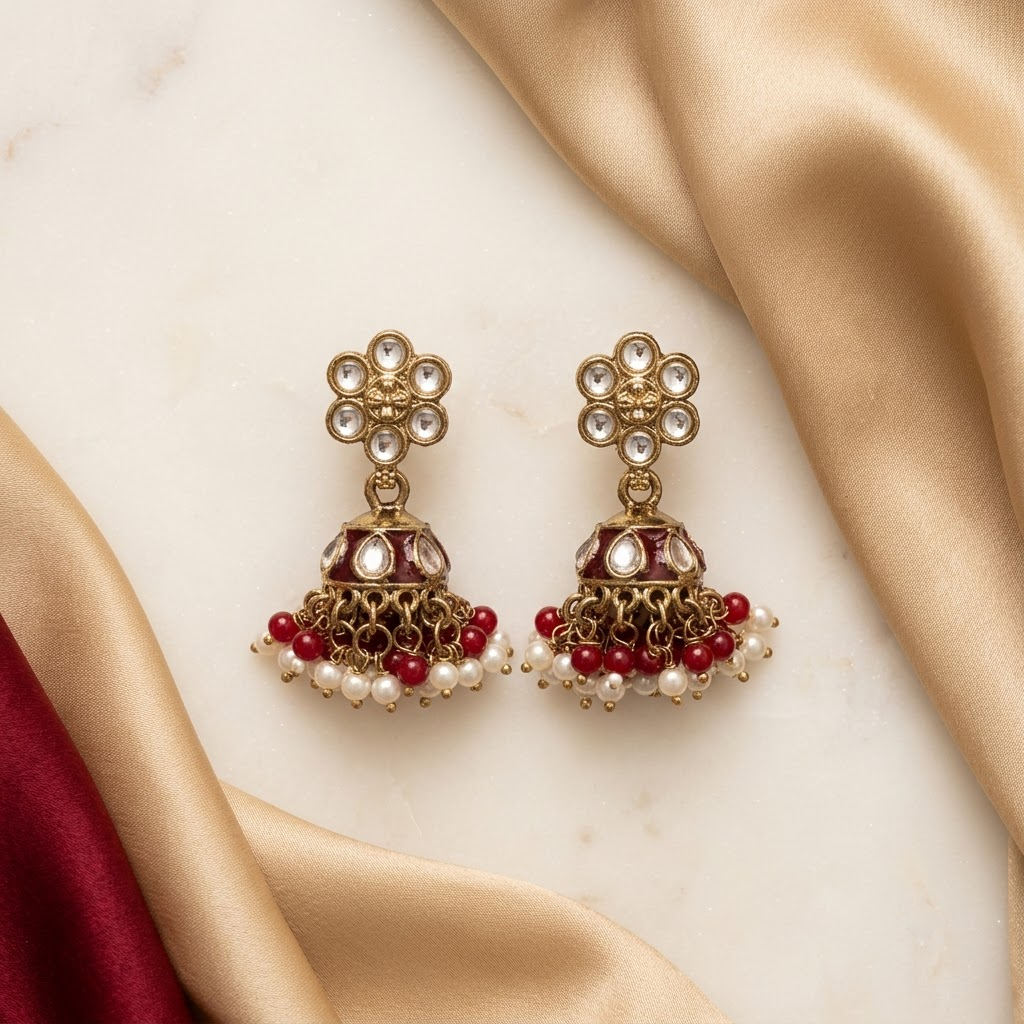 Floral Kundan & Enamel Jhumka Earrings | Lady Zone