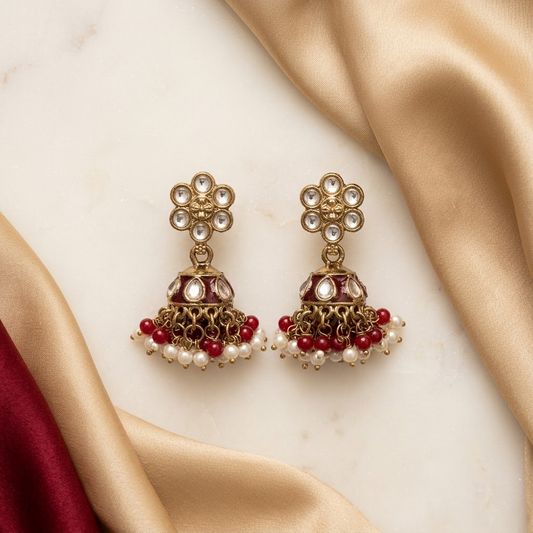 Floral Kundan & Enamel Jhumka Earrings | Lady Zone