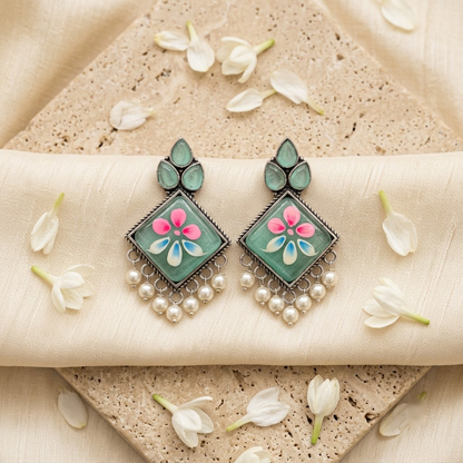 Oxidized Enamel Floral Square Statement Earrings | Lady Zone