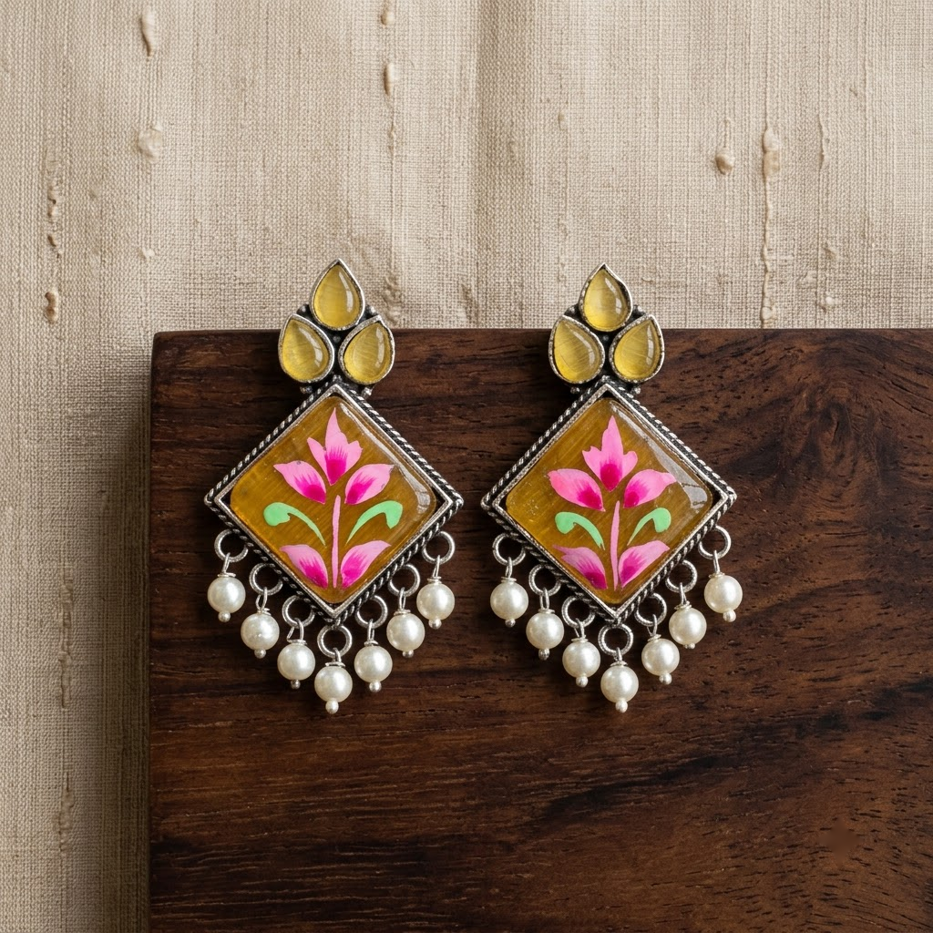 Oxidized Enamel Floral Square Statement Earrings | Lady Zone