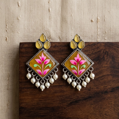 Oxidized Enamel Floral Square Statement Earrings | Lady Zone