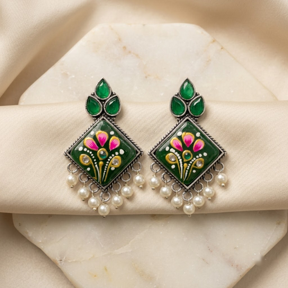 Oxidized Enamel Floral Square Statement Earrings | Lady Zone