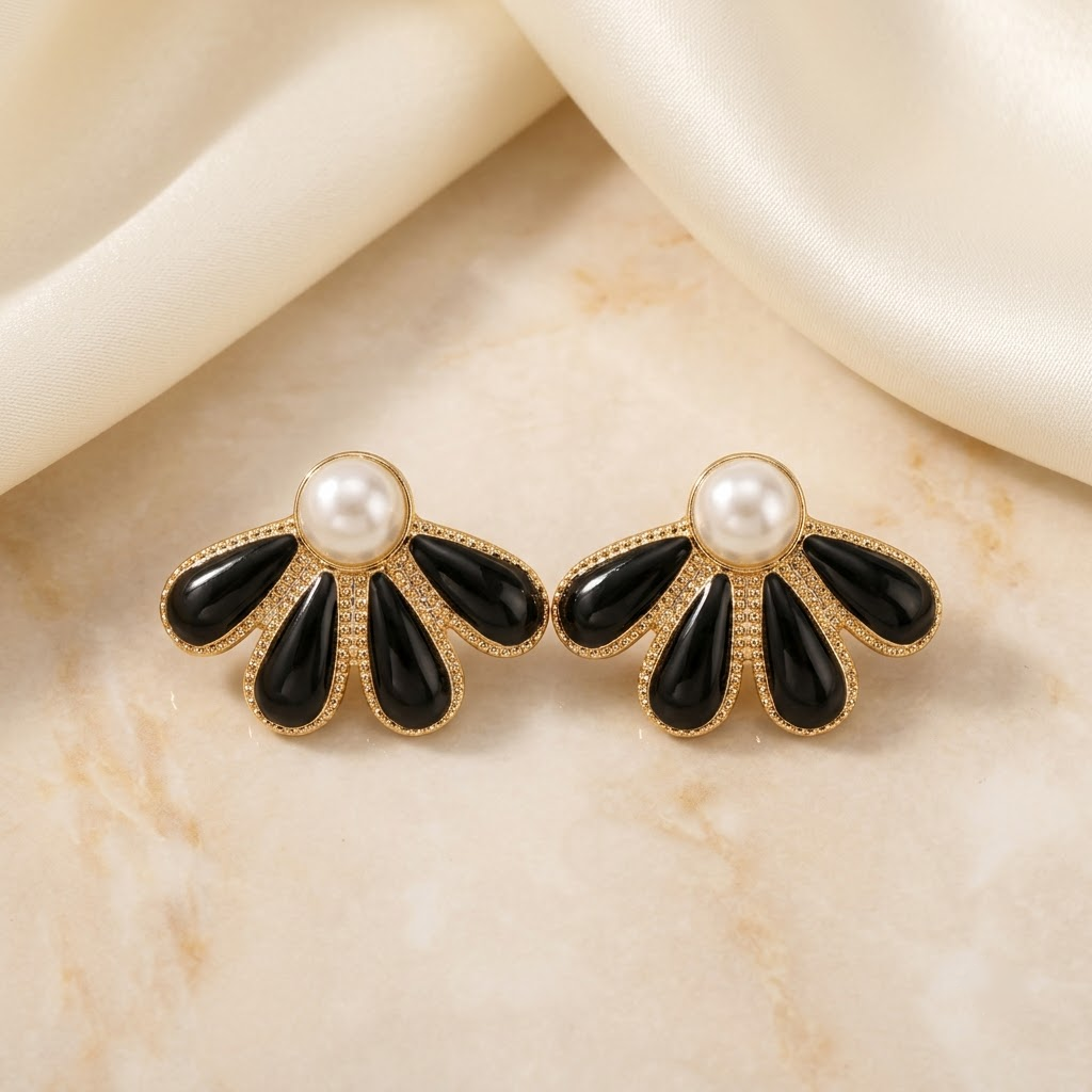 Pearl & Enamel Floral Fan Stud Earrings | Lady Zone