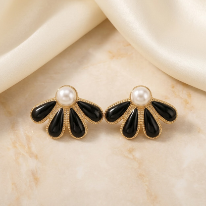 Pearl & Enamel Floral Fan Stud Earrings | Lady Zone
