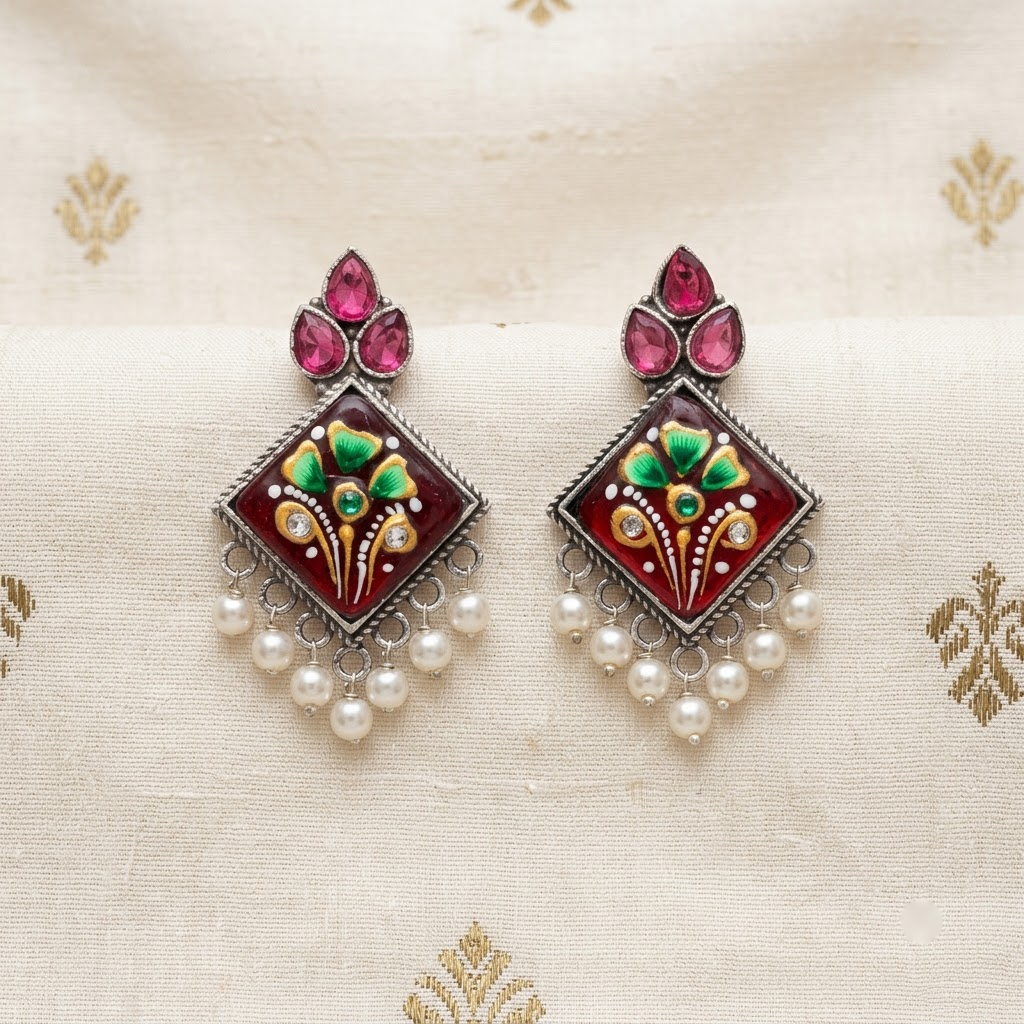Oxidized Enamel Floral Square Statement Earrings | Lady Zone