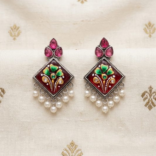 Oxidized Enamel Floral Square Statement Earrings | Lady Zone
