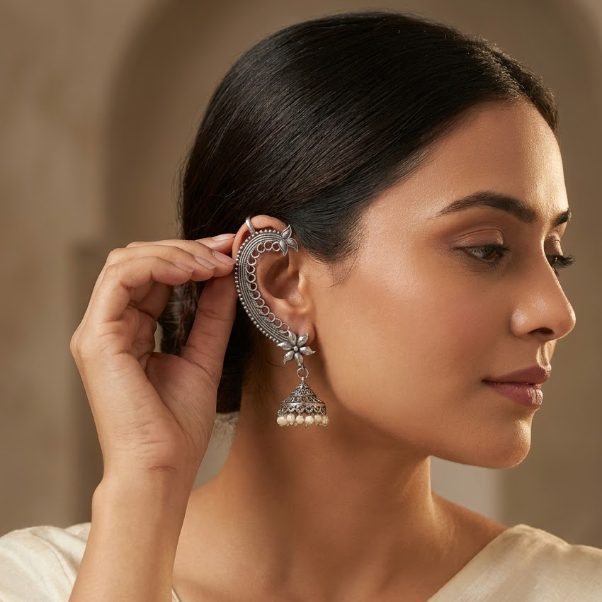 Oxidized Silver Filigree Floral Ear-Cuff Jhumkas | Lady Zone