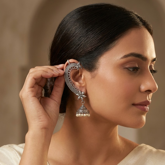 Oxidized Silver Filigree Floral Ear-Cuff Jhumkas | Lady Zone