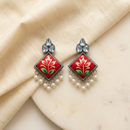 Oxidized Enamel Floral Square Statement Earrings | Lady Zone