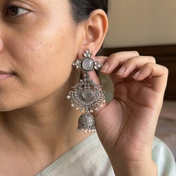 German Silver Peacock & Pearl Chandbali Jhumkas | Lady Zone
