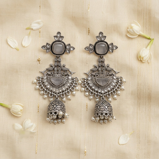 German Silver Peacock & Pearl Chandbali Jhumkas | Lady Zone