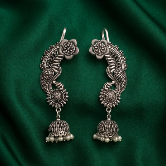 Oxidized Peacock & Floral Ear-Cuff Jhumkas | Lady Zone