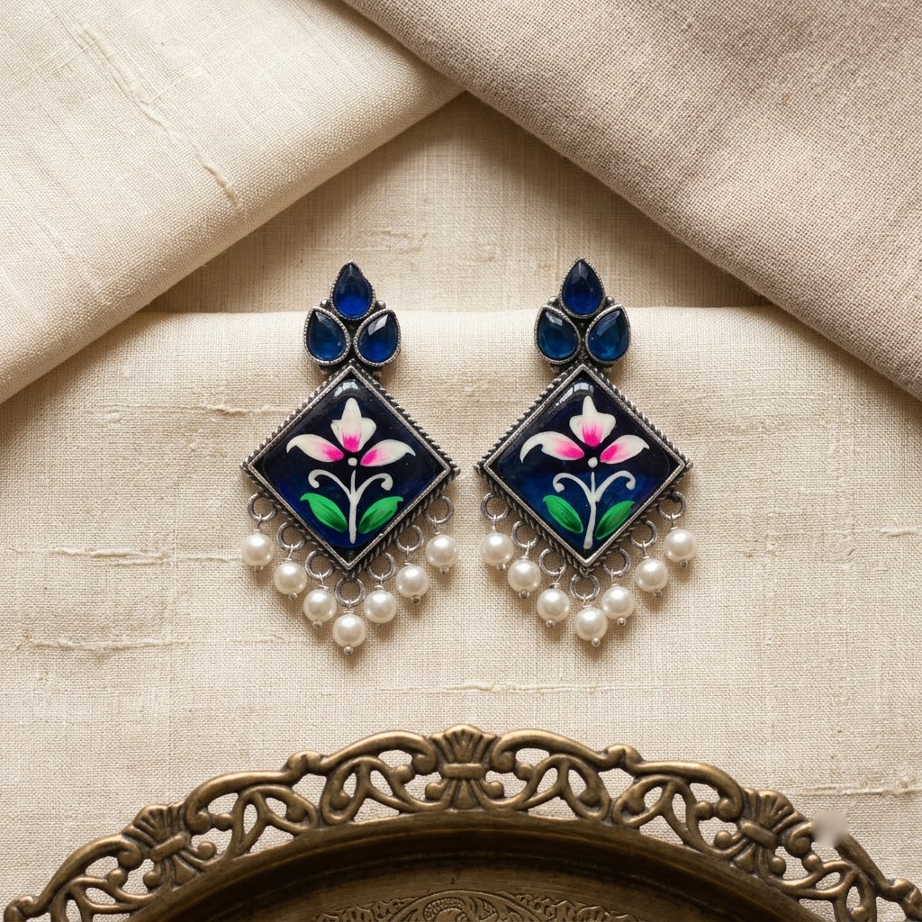 Oxidized Enamel Floral Square Statement Earrings | Lady Zone