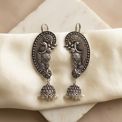 Oxidized Silver Peafowl & Filigree Ear-Cuff Jhumkas | Lady Zone