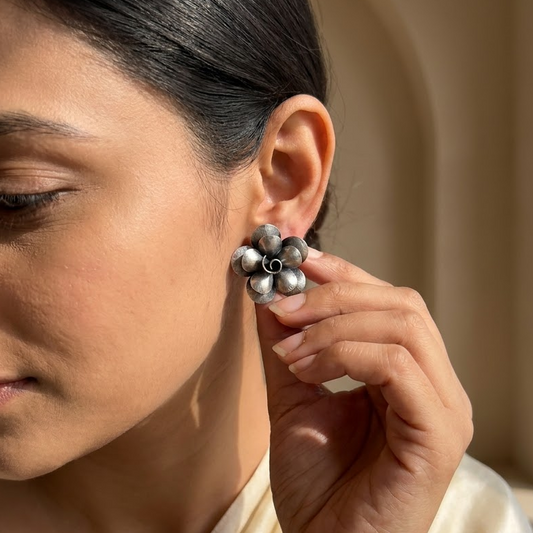 German Silver Dimensional Floral Blossom Stud Earrings | Lady Zone