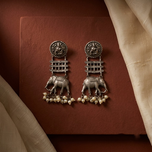 German Silver Elephant & Temple Motif Statement Earrings | Lady Zone