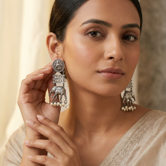 German Silver Elephant & Temple Motif Statement Earrings | Lady Zone