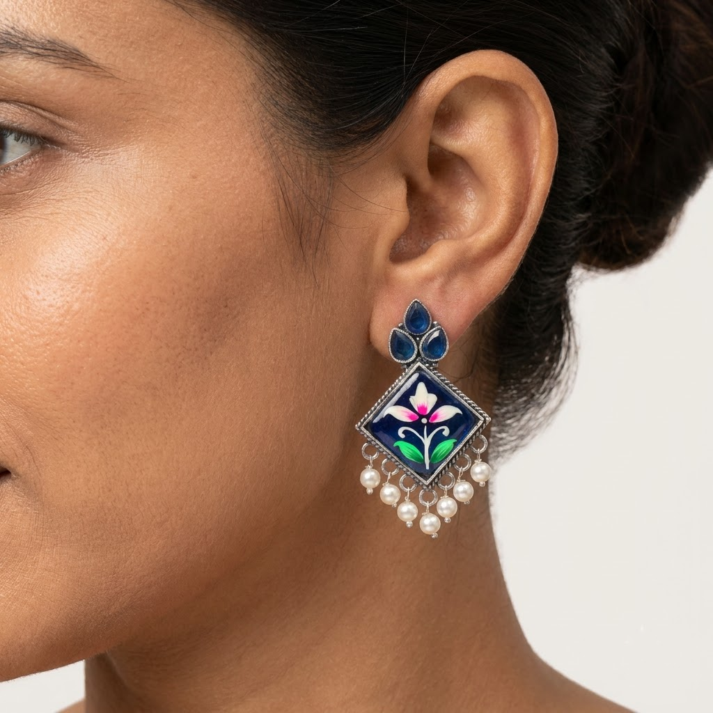 Oxidized Enamel Floral Square Statement Earrings | Lady Zone