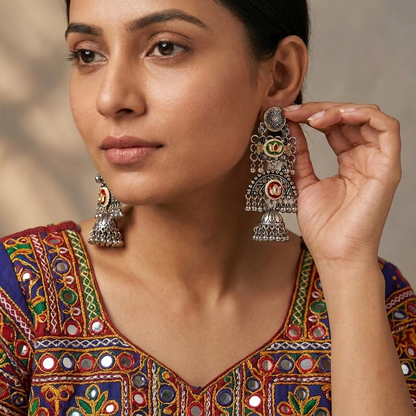 German Silver Enamelled Lotus Tiered Jhumka Earrings | Lady Zone