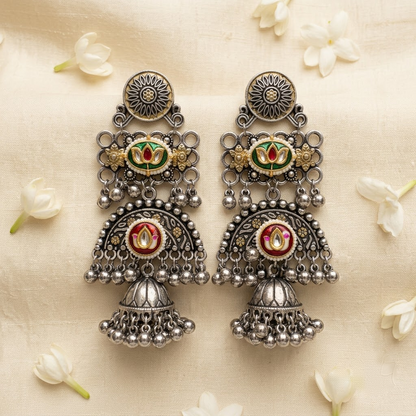 German Silver Enamelled Lotus Tiered Jhumka Earrings | Lady Zone