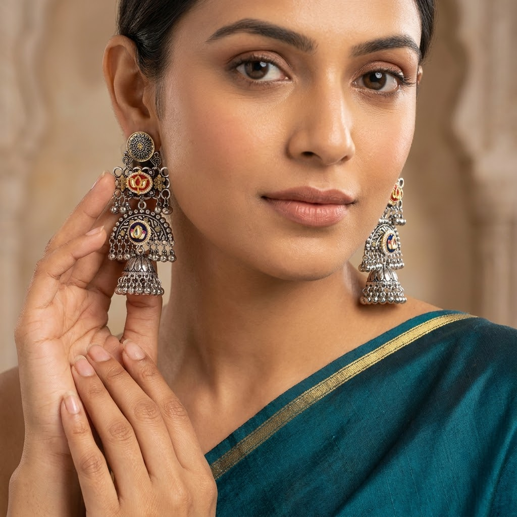 German Silver Enamelled Lotus Tiered Jhumka Earrings | Lady Zone