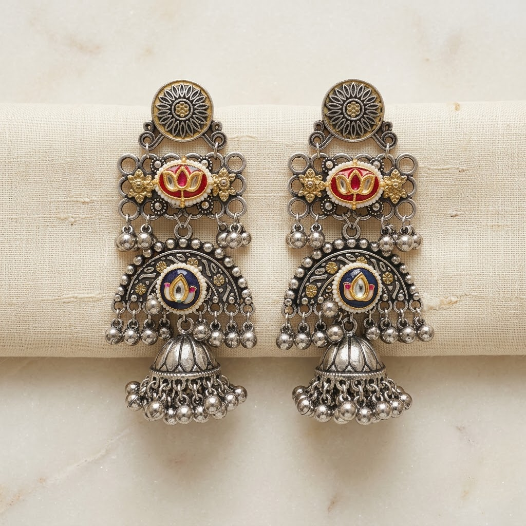 German Silver Enamelled Lotus Tiered Jhumka Earrings | Lady Zone
