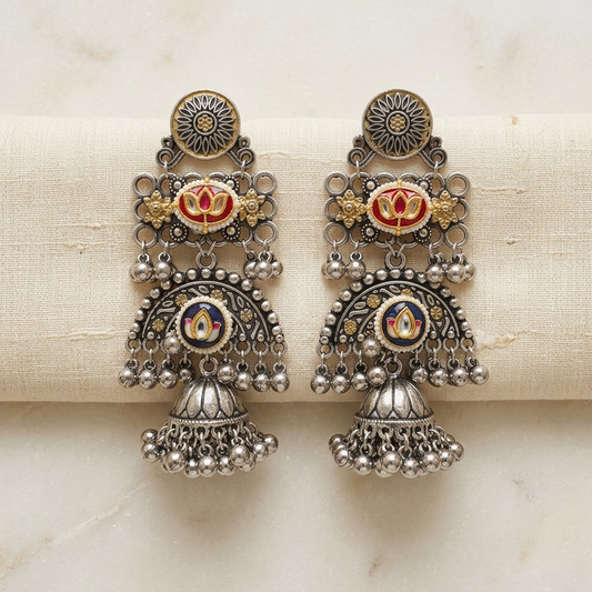 German Silver Enamelled Lotus Tiered Jhumka Earrings | Lady Zone