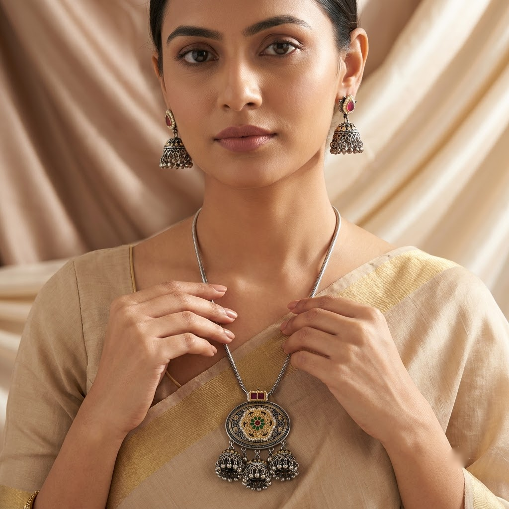 German Silver Dual-Tone Floral Medallion & Jhumka Necklace Set | Lady Zone