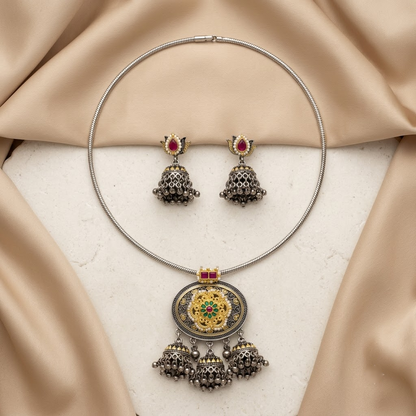 German Silver Dual-Tone Floral Medallion & Jhumka Necklace Set | Lady Zone