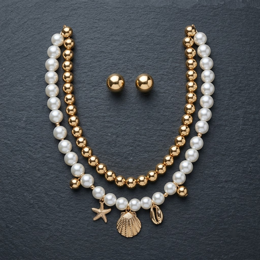 Gold-Plated Layered Pearl & Shell Charm Necklace Set | Lady Zone