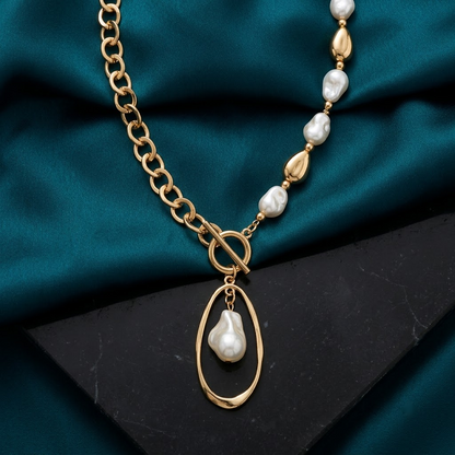 Gold-Plated Asymmetrical Baroque Pearl & Oval Drop Necklace | Lady Zone