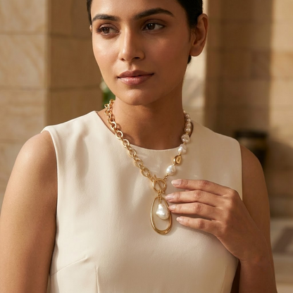 Gold-Plated Asymmetrical Baroque Pearl & Oval Drop Necklace | Lady Zone
