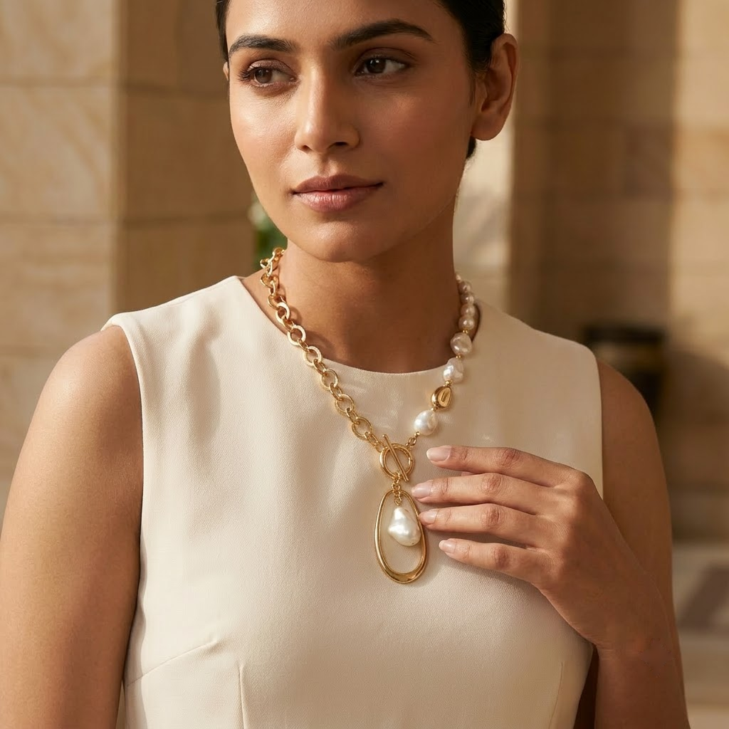 Gold-Plated Layered Pearl & Shell Charm Necklace Set | Lady Zone