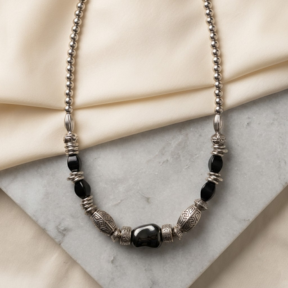 Silver-Toned & Black Stone Tribal Beaded Necklace | Lady Zone