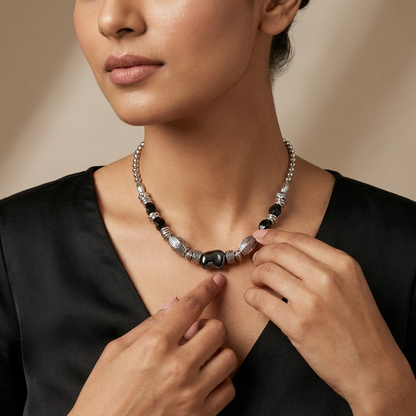 Silver-Toned & Black Stone Tribal Beaded Necklace | Lady Zone