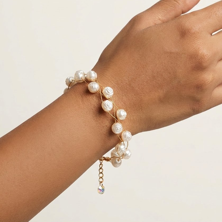 Gold-Tone Multi-Strand Carved Rose Pearl Bracelet | Lady Zone