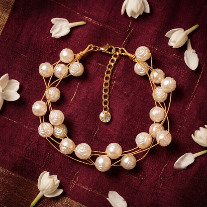 Gold-Tone Multi-Strand Carved Rose Pearl Bracelet | Lady Zone