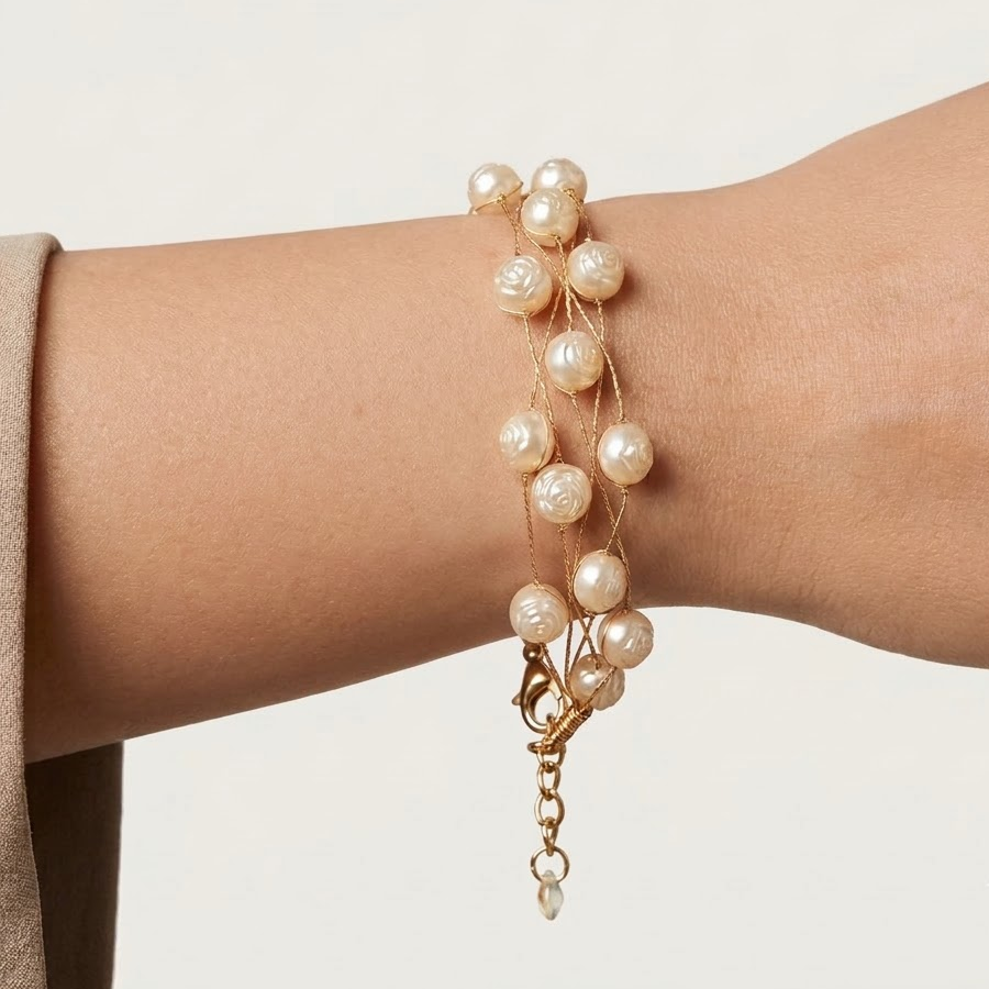 Gold-Tone Multi-Strand Carved Rose Pearl Bracelet | Lady Zone