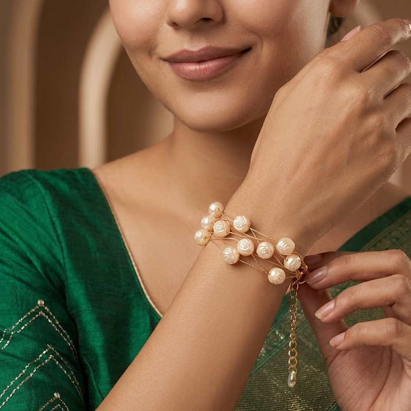 Gold-Tone Multi-Strand Carved Rose Pearl Bracelet | Lady Zone