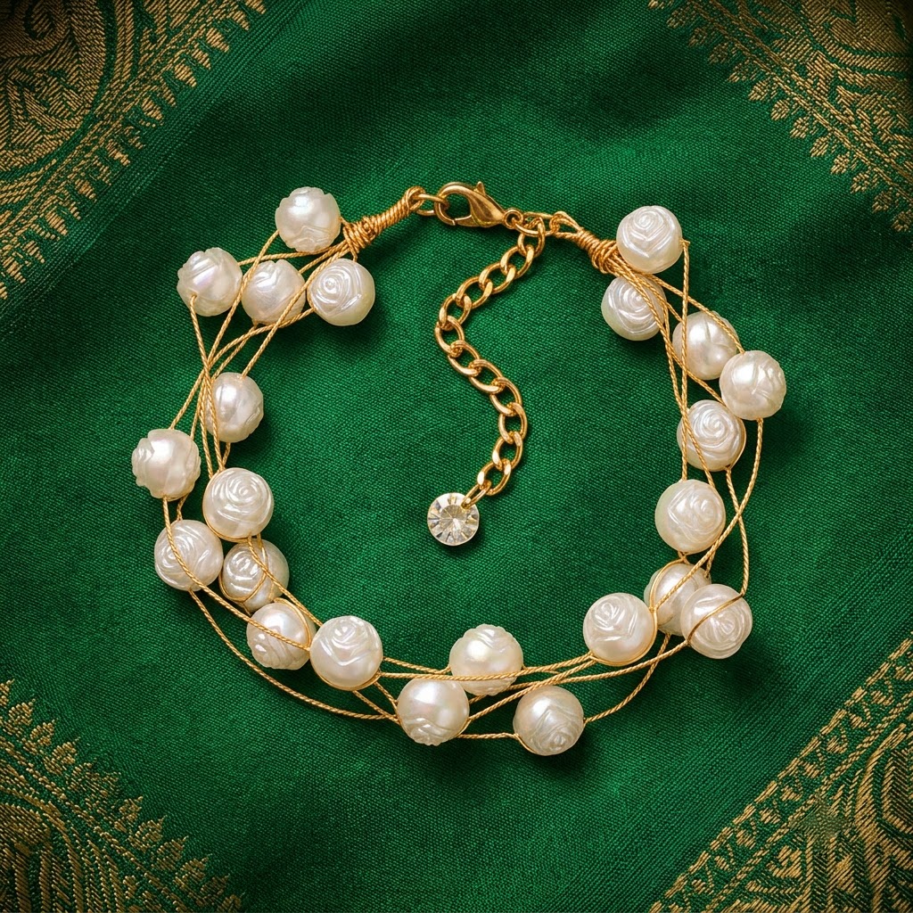 Gold-Tone Multi-Strand Carved Rose Pearl Bracelet | Lady Zone