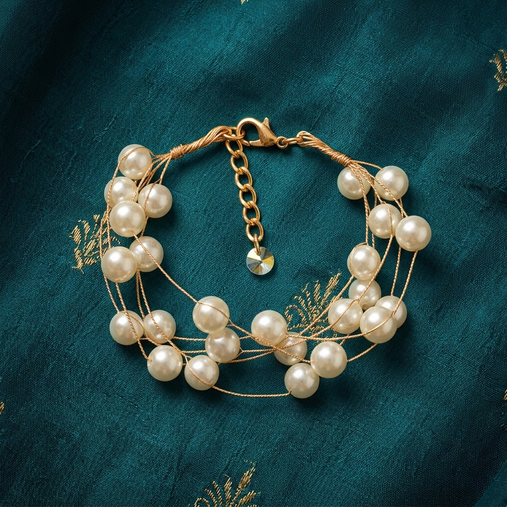 Gold-Tone Multi-Strand Round White Pearl Bracelet | Lady Zone