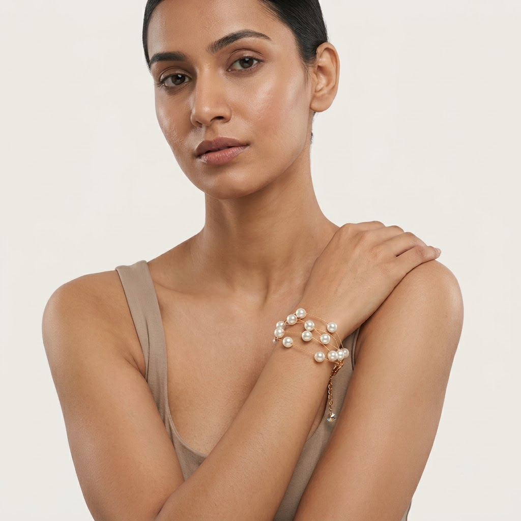 Gold-Tone Multi-Strand Round White Pearl Bracelet | Lady Zone