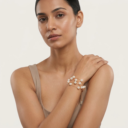 Gold-Tone Multi-Strand Round White Pearl Bracelet | Lady Zone