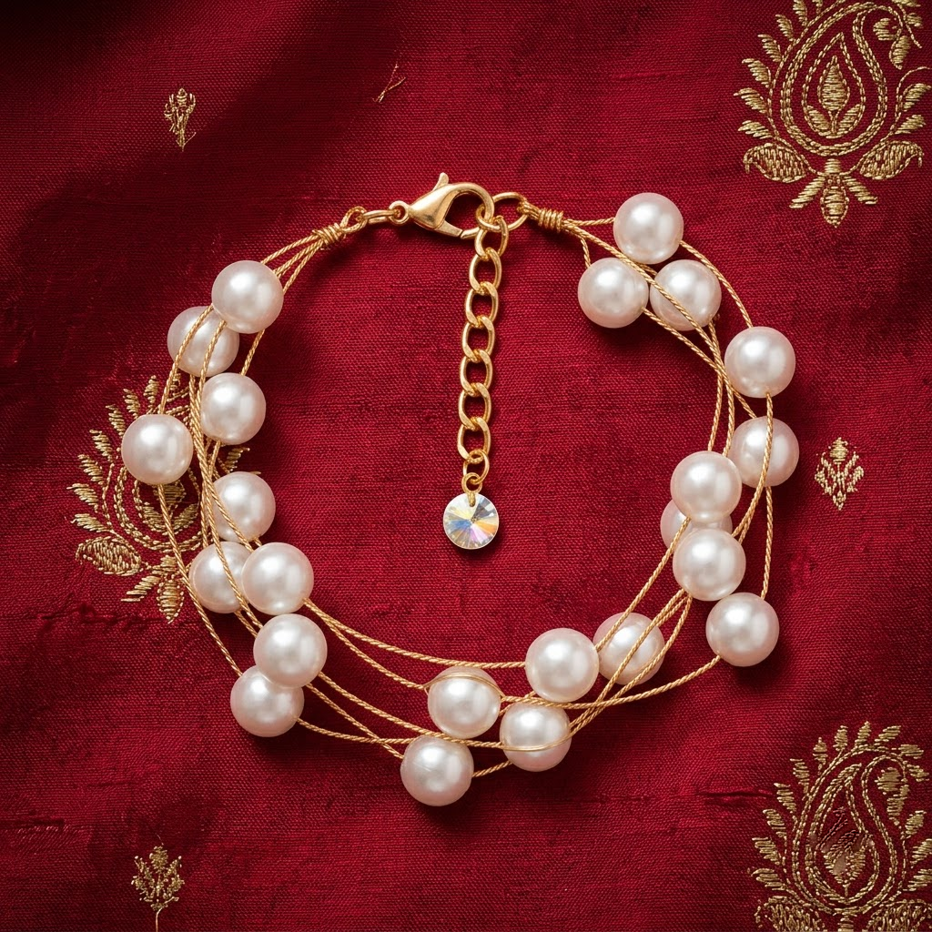 Gold-Tone Multi-Strand Round White Pearl Bracelet | Lady Zone