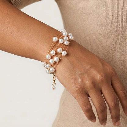 Gold-Tone Multi-Strand Round White Pearl Bracelet | Lady Zone