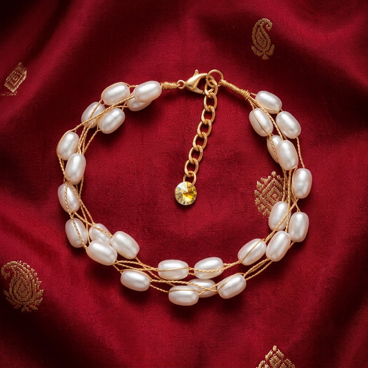 Gold-Tone Multi-Strand Baroque Rice Pearl Bracelet | Lady Zone